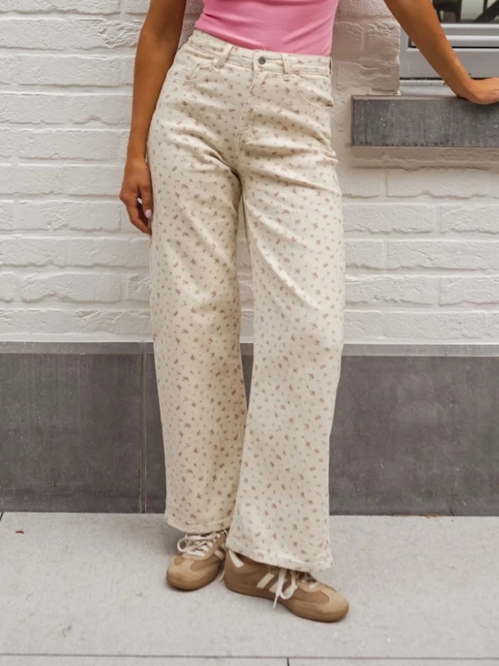Cream Floral Wide-Leg Jeans with Subtle Print - Elia